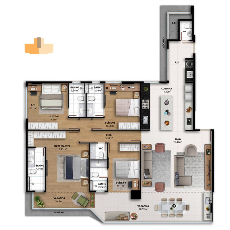 APARTAMENTO TIPO
162,22 m² PRIVATIVOS
4 SUÍTES