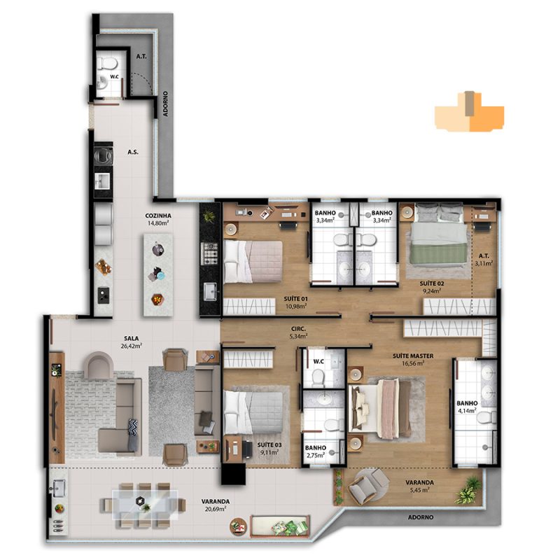 APARTAMENTO TIPO
PRIVATIVOS
4 SUÍTES