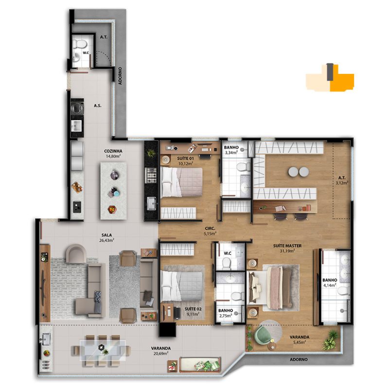 OPÇÃO SUÍTE AMPLIADA
162,22 M² PRIVATIVOS
3 SUÍTES